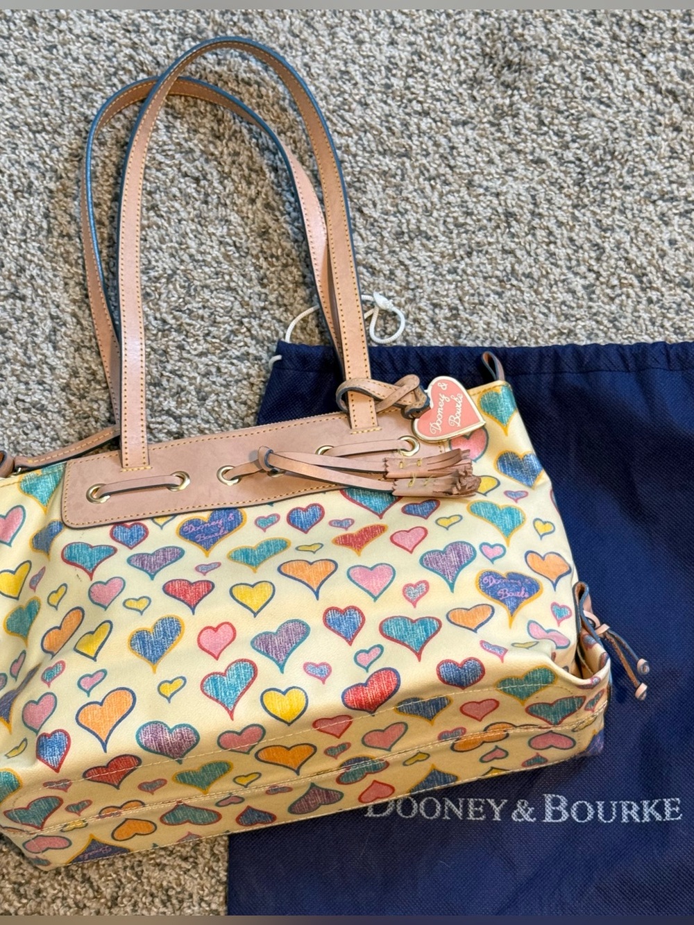 Vintage Dooney & Bourke Hand Shoulder Dust Bag Colored Crayon Hearts Pattern Y2K